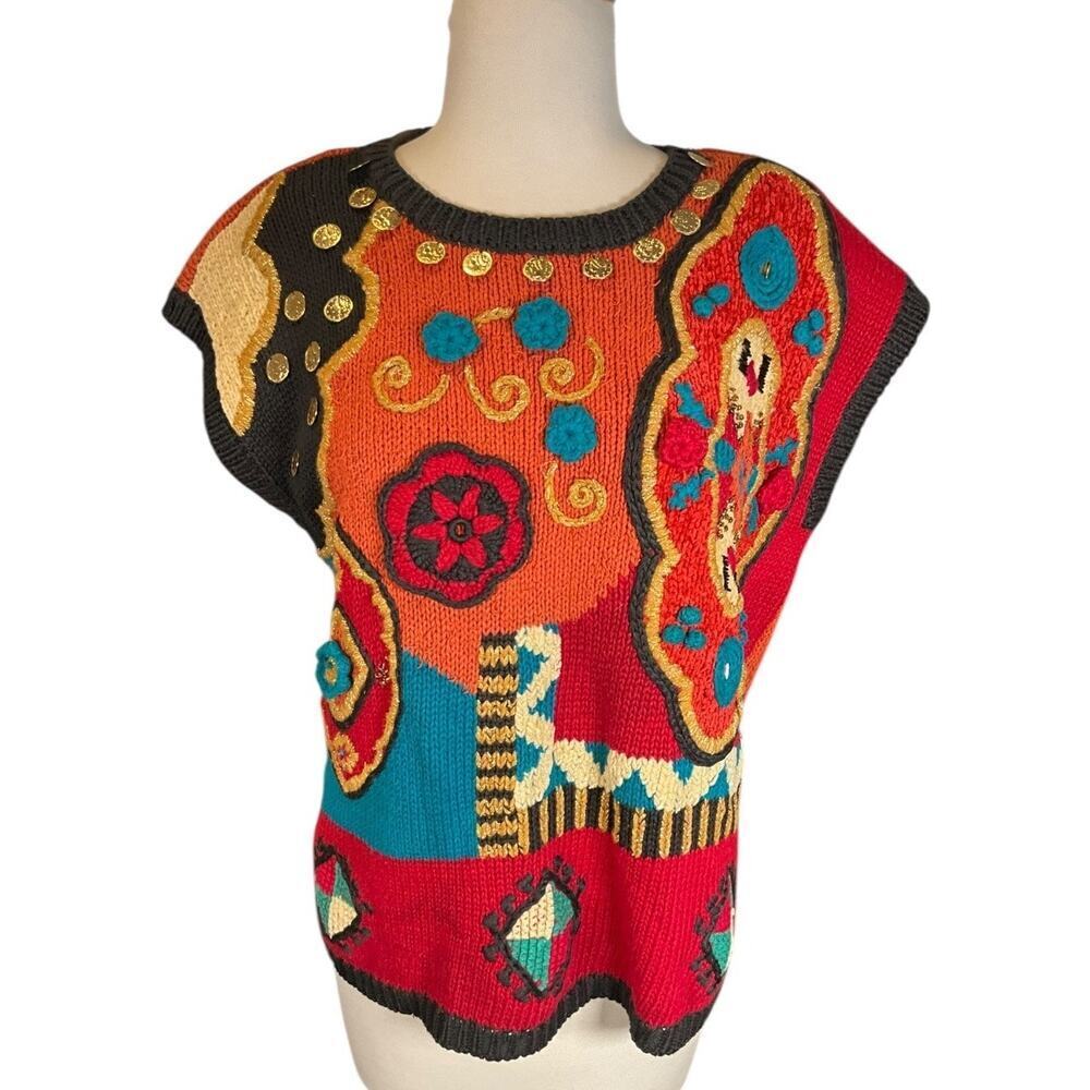 Vintage Carole Little Embroidered Knit Vest Gypsy Boho Art Top Coins Beaded M